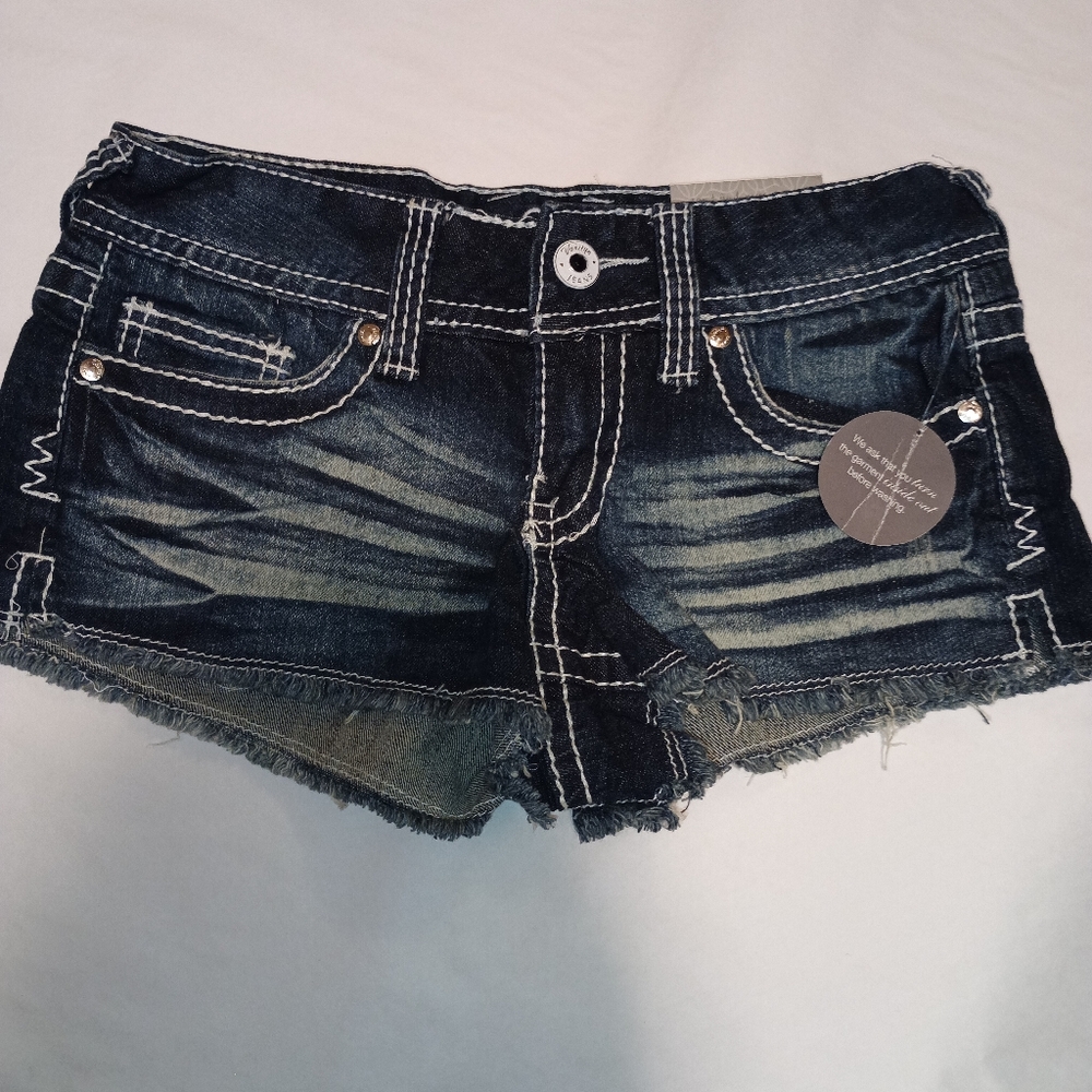 Vanity Dark Blue Distressed Denim Cutoff Shorts with White Stitching